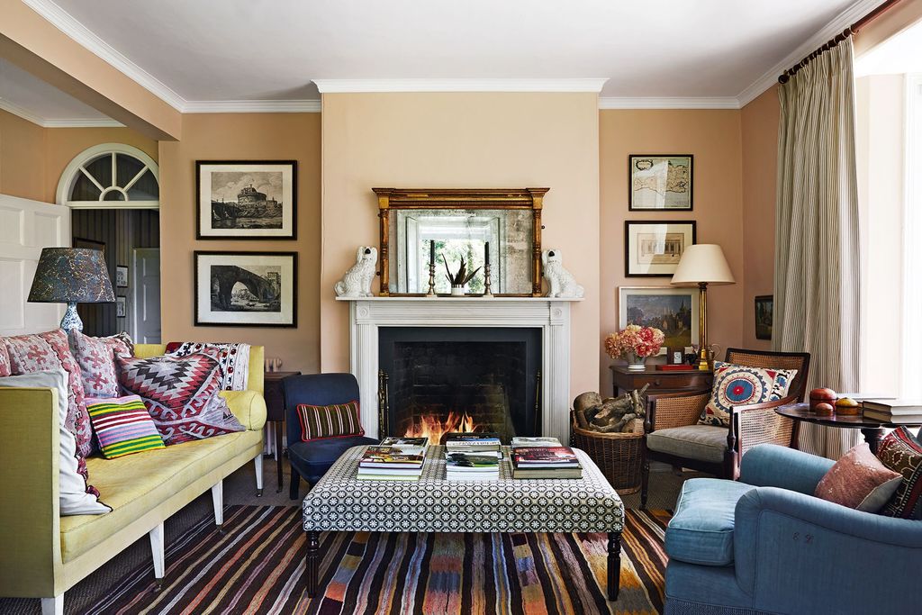 Living room design ideas. Image may contain Furniture Living Room Room Indoors Fireplace Cushion Hearth Interior Design...