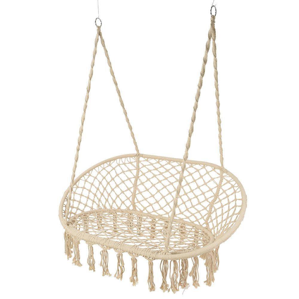 Twoseater outdoor hanging chair with fringing from A by Amara 195.  buttongroup Shop now