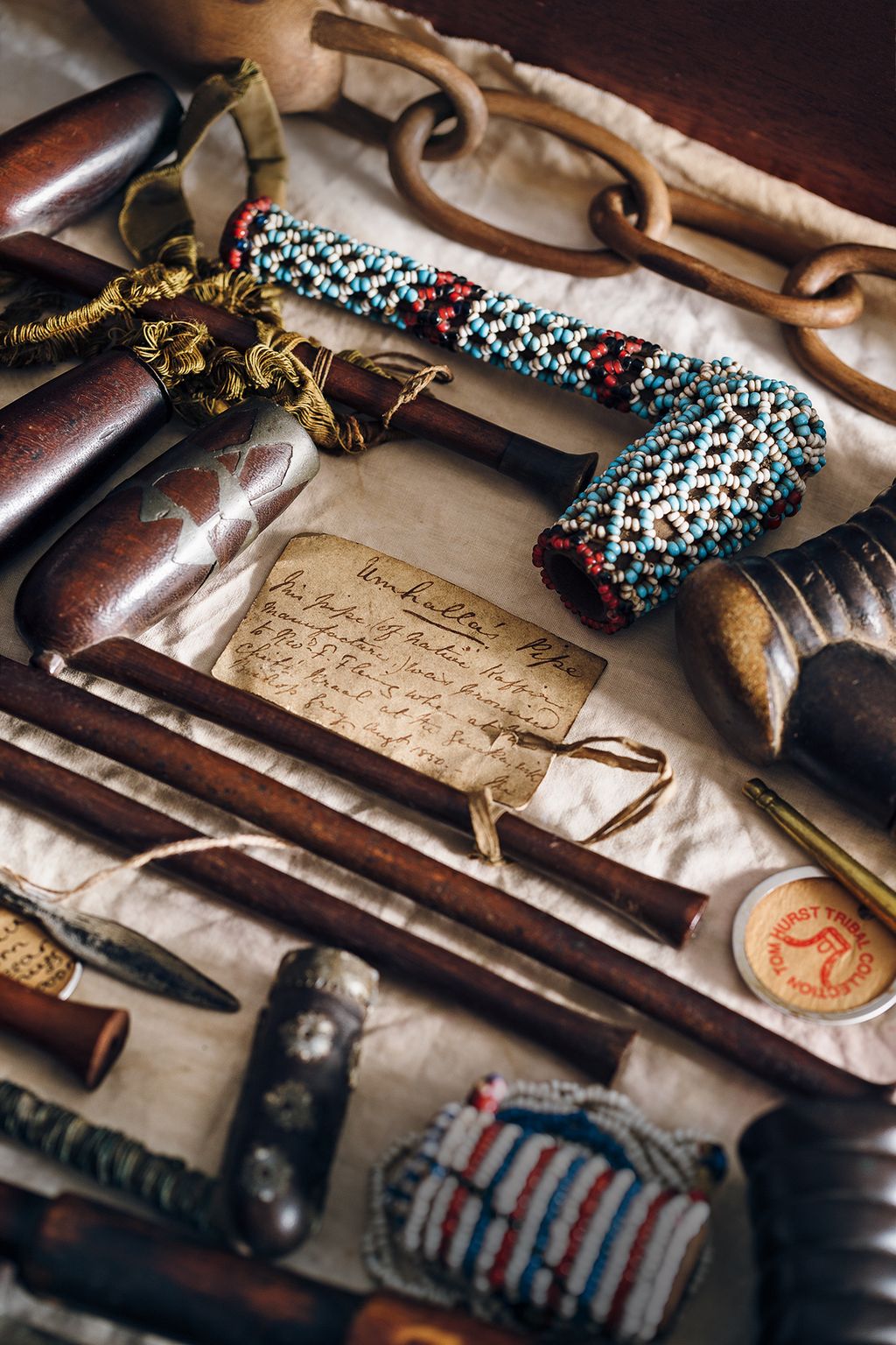 This box of pipes in Toms room includes a Xhosa beadwork design from southern Africa. A pipe that originally belonged to...