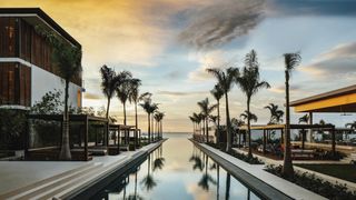 Image may contain Building Resort Hotel Water Palm Tree Arecaceae Tree Plant Wood Summer Waterfront and Boardwalk