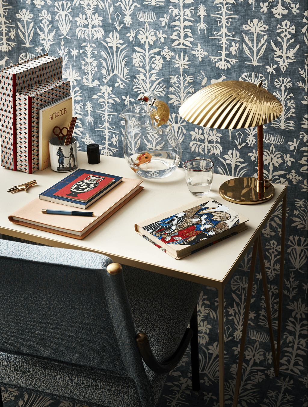 Study Desk with Natural Linoleum Table Top butternut 1300 from New.   The Opera Dining Chair upholstered in Sargasso...