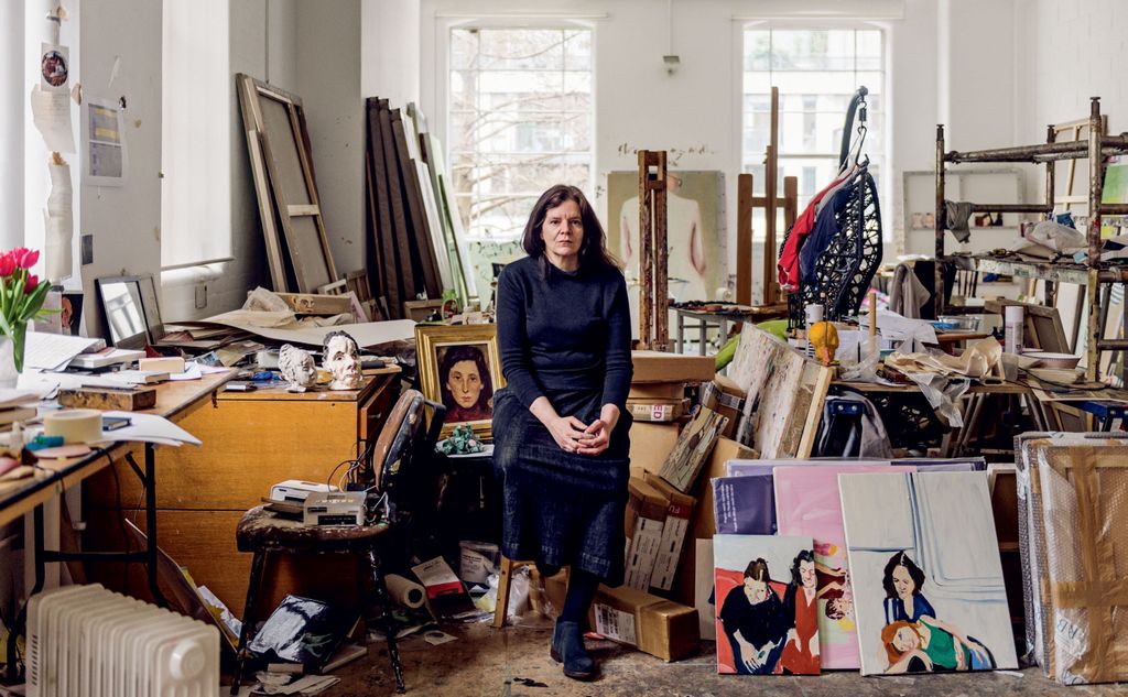 Chantal with portraits painted this year of herself with her sister Natasha and Natasha with her daughter Vita.