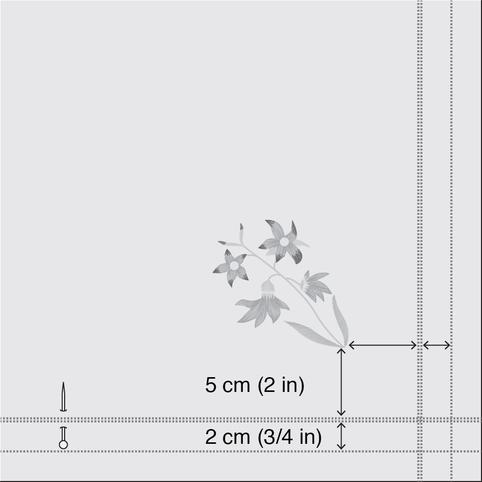 Select one corner of a fabric piece and baste a short line of stitching along the weave 7.58 cm  in from each side of...