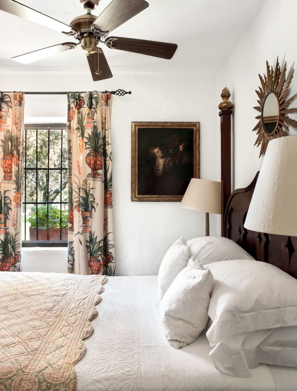 Image may contain Ceiling Fan Appliance Furniture Bed Home Decor Lamp Table Lamp Indoors Room and Bedroom