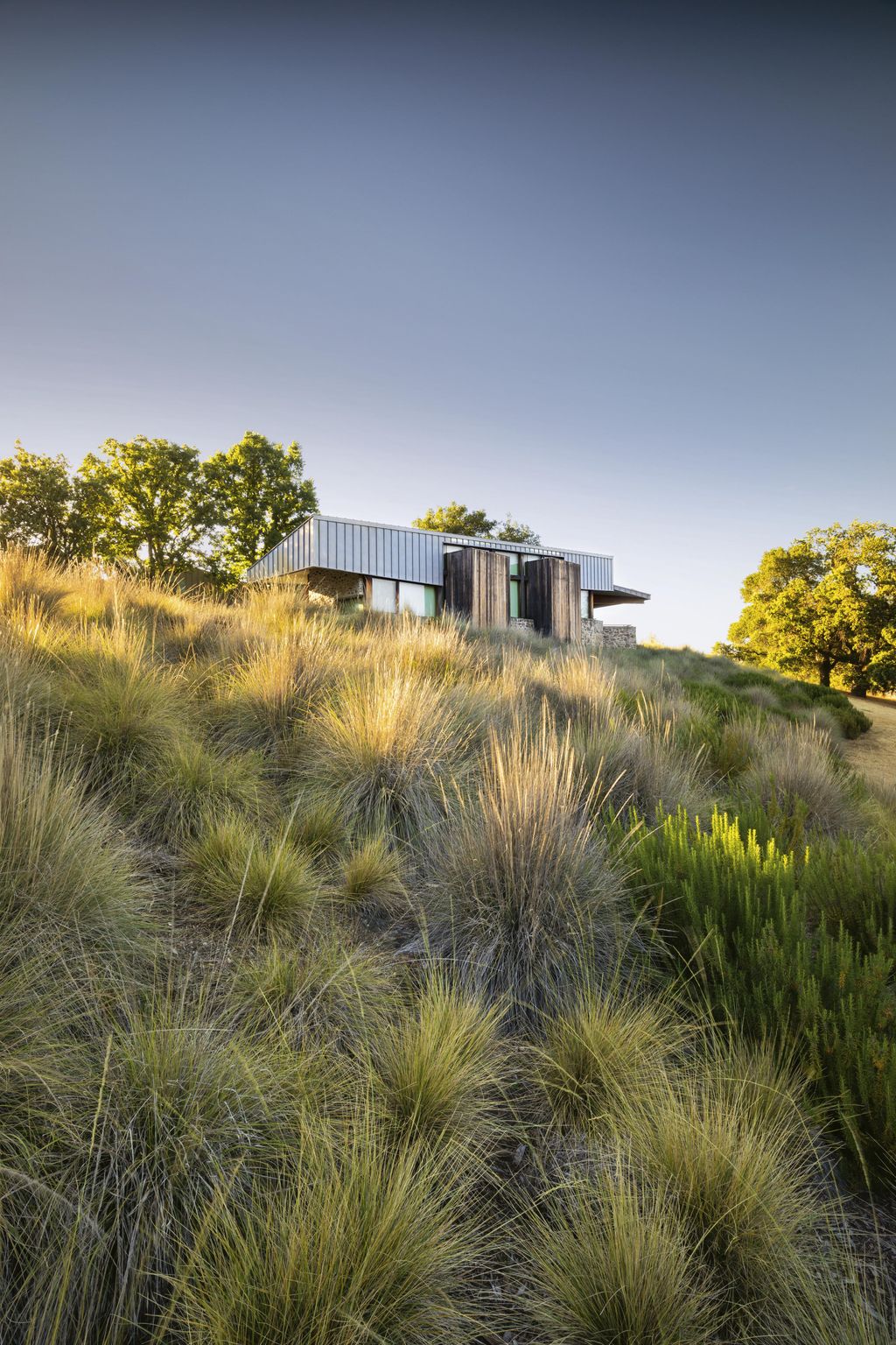 The garden flows down both sides of a steep ridge merging with its surroundings.