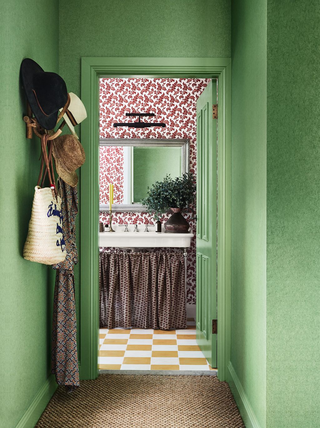 The wallpaper is Soanes ‘Scrolling Acanthus in sorolla red. Moroccan concrete tiles from Popham Design in saffron and...