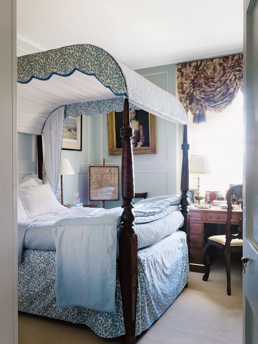 The nineteenth­century American bed was found in an antiques shop in Henley in the Seventies.