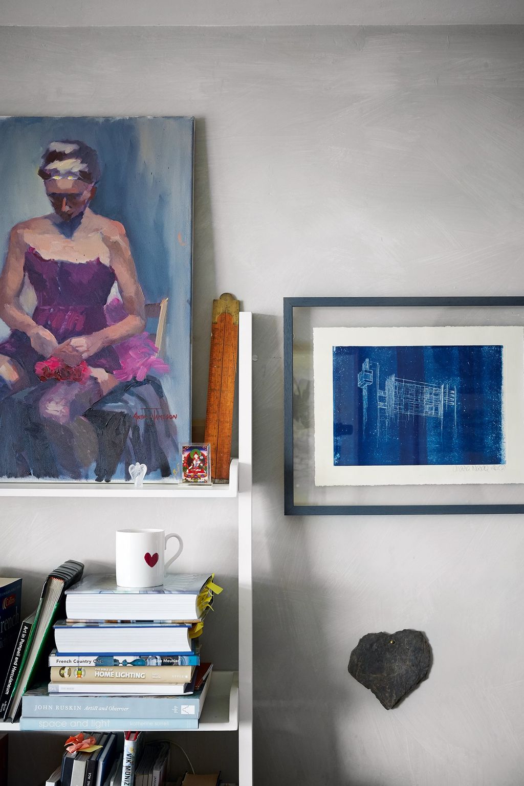 A painting of Bella by one of the students at Lavender Hill Studios and an etching of Trellick Tower by Charlie Warde.