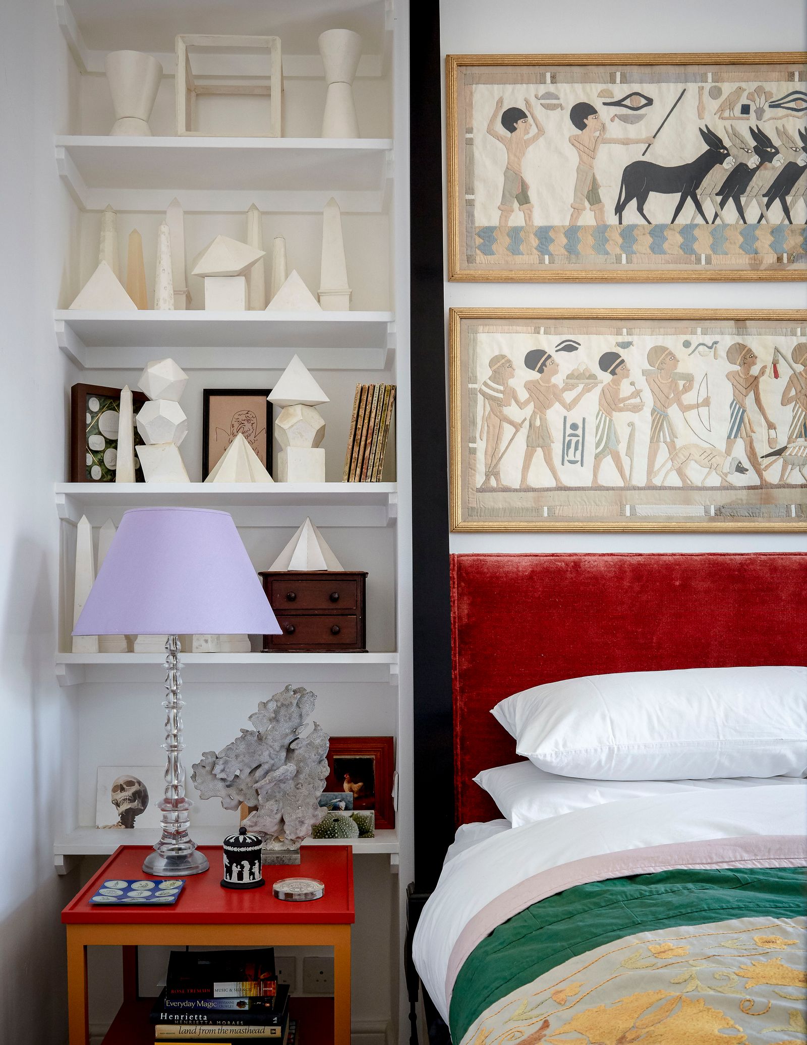 Image may contain Furniture Bed Interior Design Indoors Lamp Shelf Table Lamp Cupboard and Closet