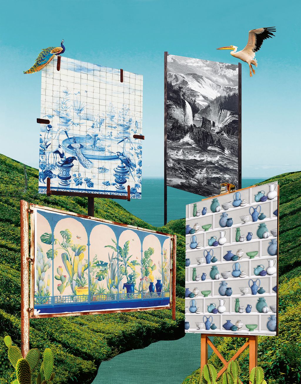 Clockwise from top left ‘Lisboa by Laurence Mosneron Dupin 300 x 210cm 650 ‘Les Rocheuses 300 x 136cm 490 both...