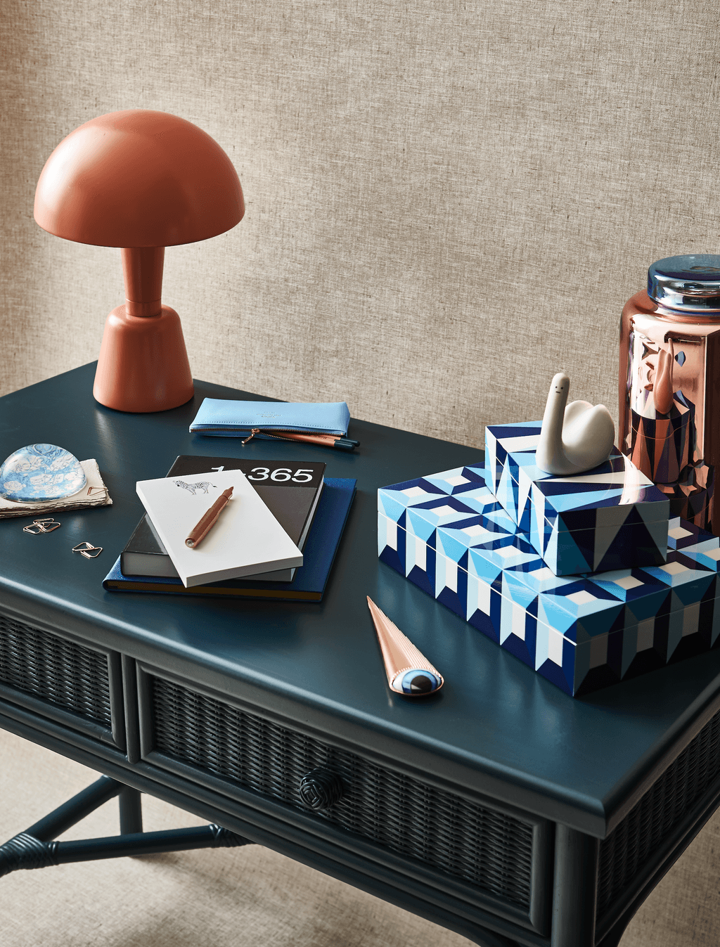 The Rattan Gregory Desk Small river blue 4900 from Soane.   Powder Coated Cep Light beige red 1440 from Collier Webb.  ...