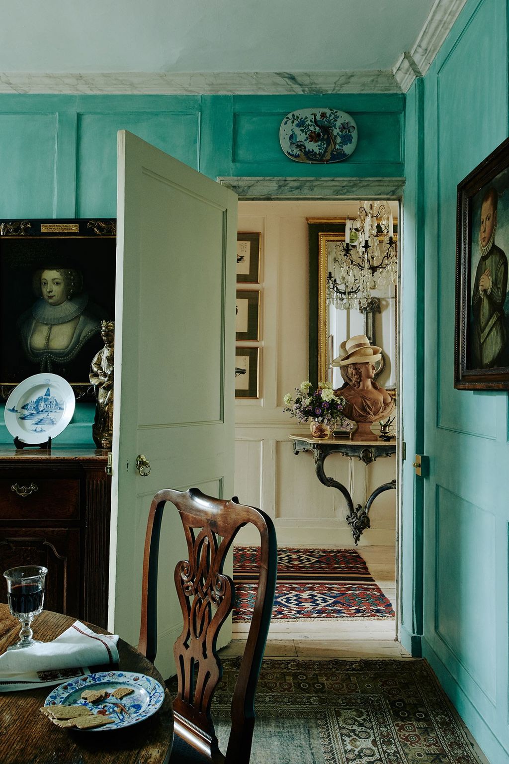 For the dining room on the ground floor Felicity Wakefield chose a limewashstyle blue which brings out the veins in the...