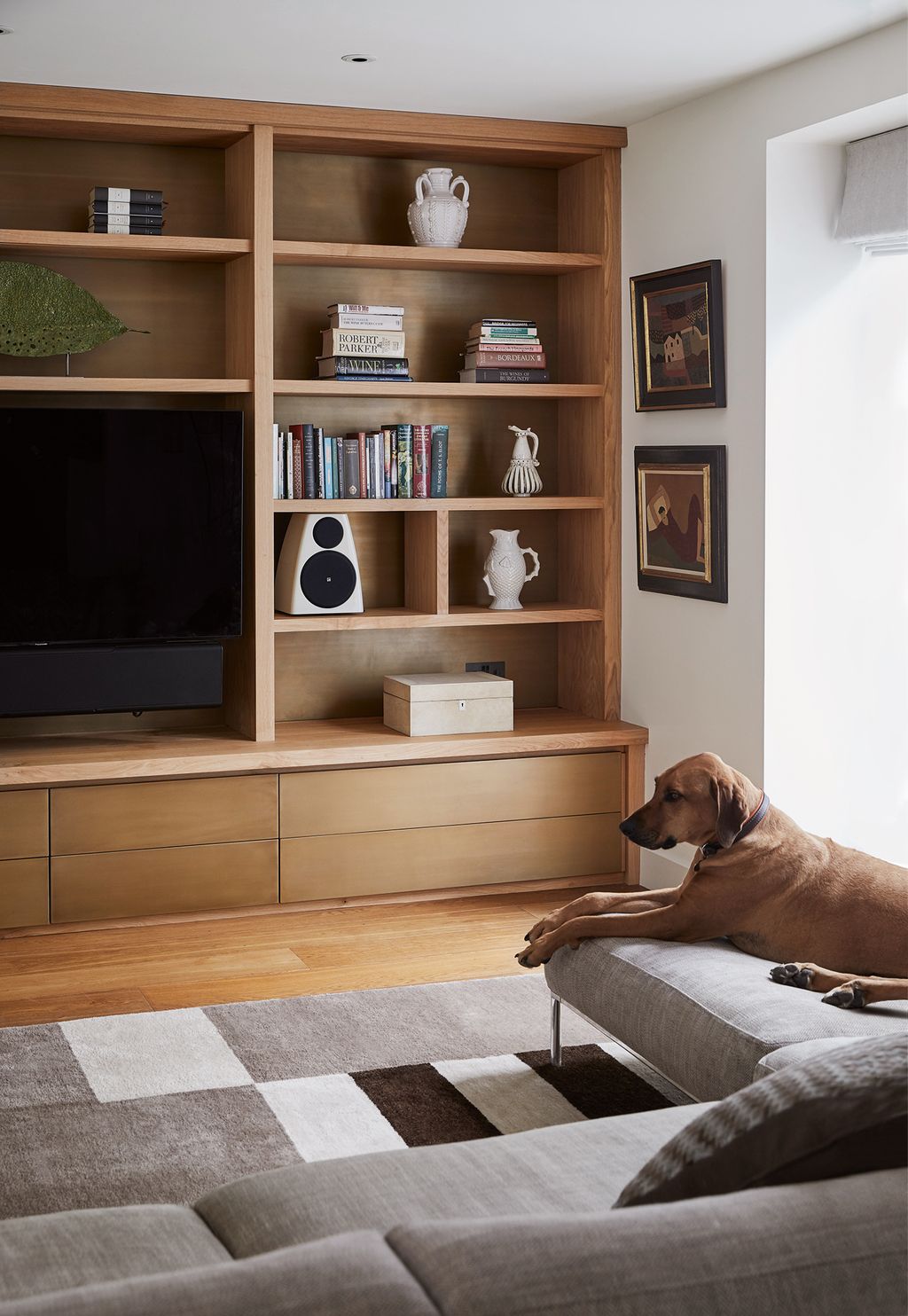 Image may contain Entertainment Center Electronics Furniture Indoors Interior Design Animal Pet Canine and Dog