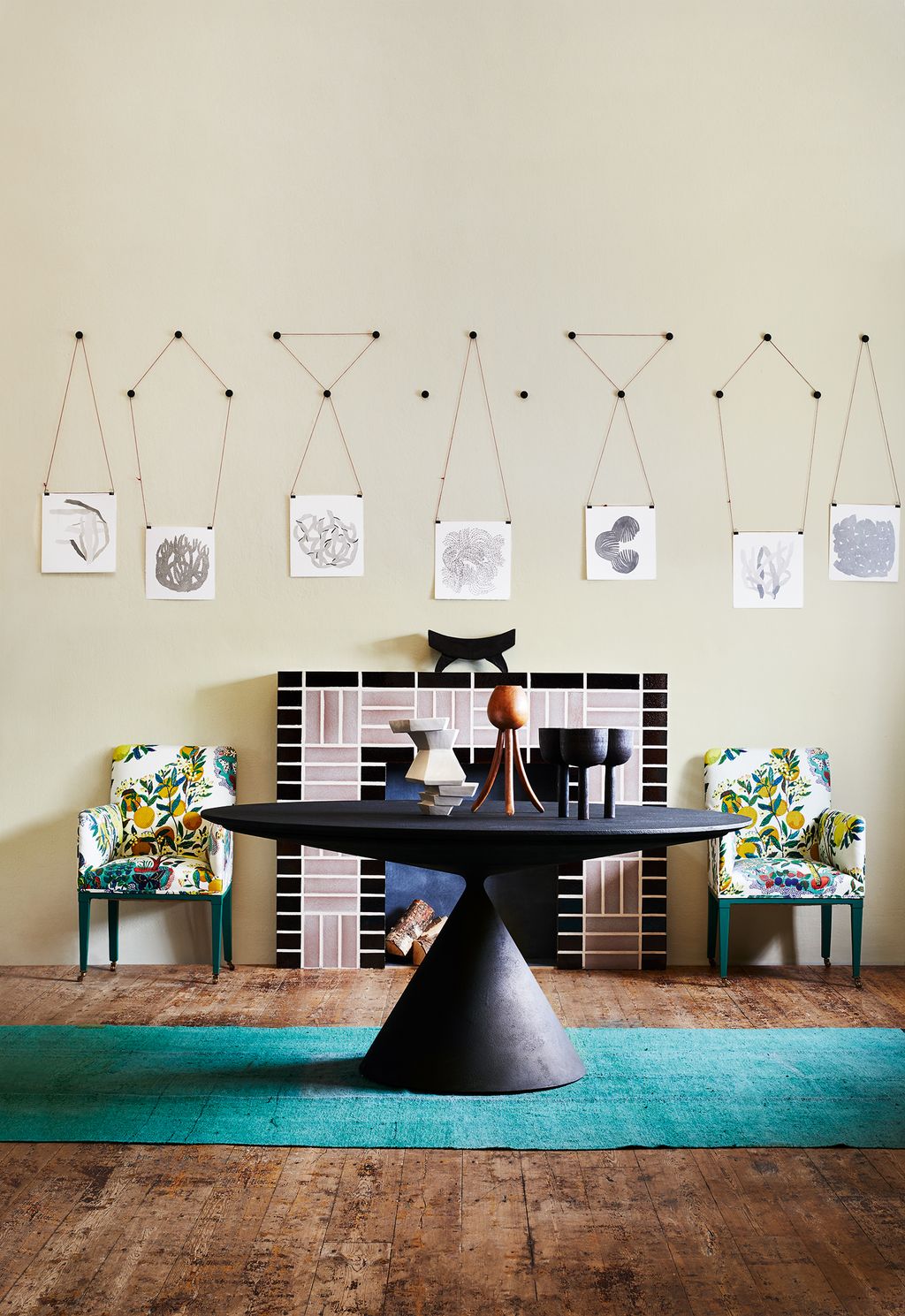 WALLS   •	‘Clunch paint 45 for 2.5 litres matt emulsion from Farrow  Ball.    •	Pencil drawings 300 each from Amy Green...