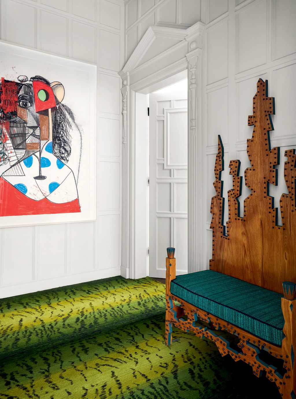 Image may contain Interior Design Indoors Furniture Bed Art Wood and Rug