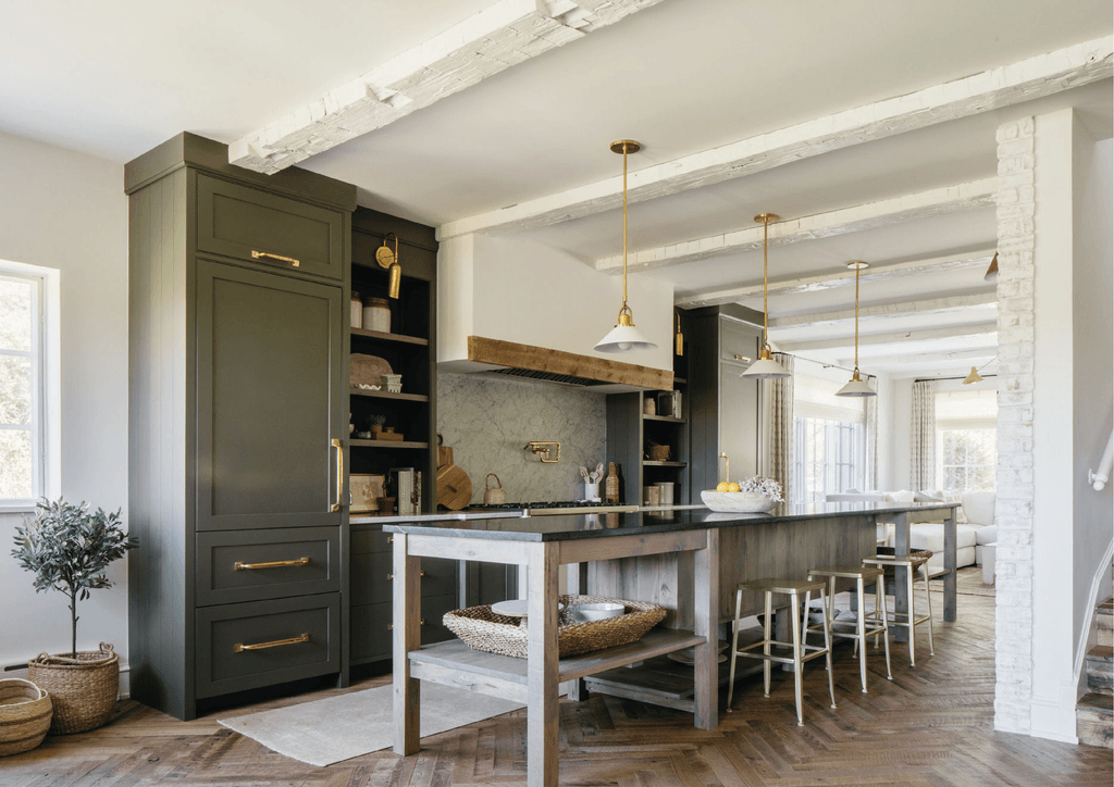 Image may contain Wood Flooring Furniture Indoors Room Hardwood Interior Design Floor Kitchen Island and Shelf