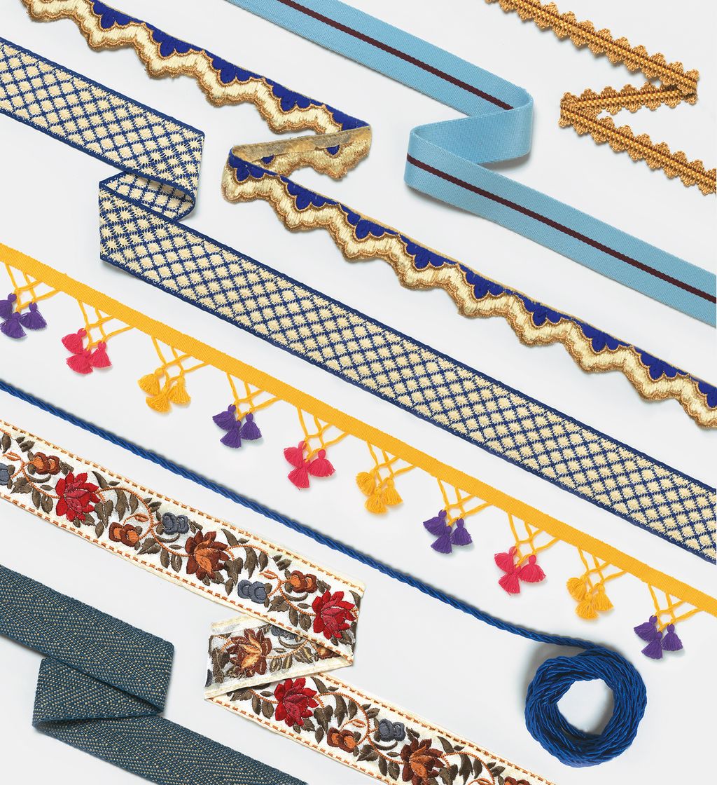 From top      ‘Pavilion Narrow Braid silk 1cm wide 16 from Colefax and Fowler   ‘Long Road  polyester mix 3cm wide 2.75...
