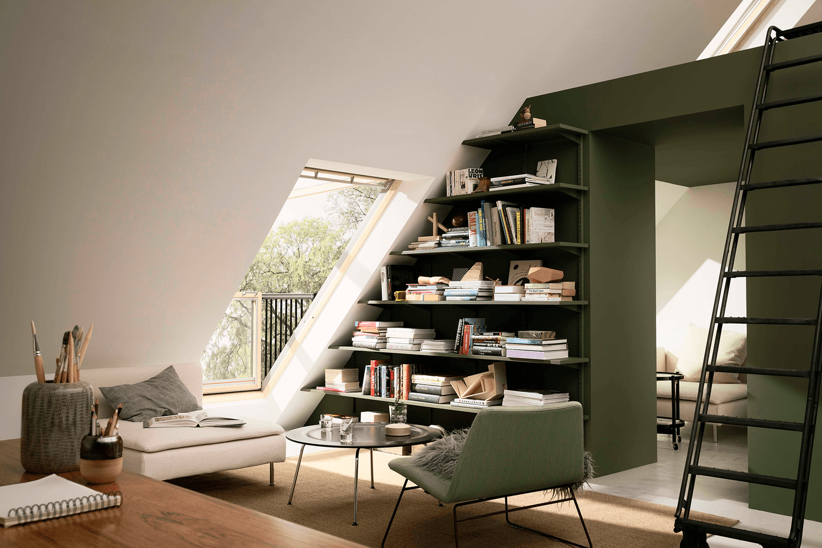 Image may contain Housing Building Loft Indoors Furniture Interior Design Attic Living Room Room and Shelf