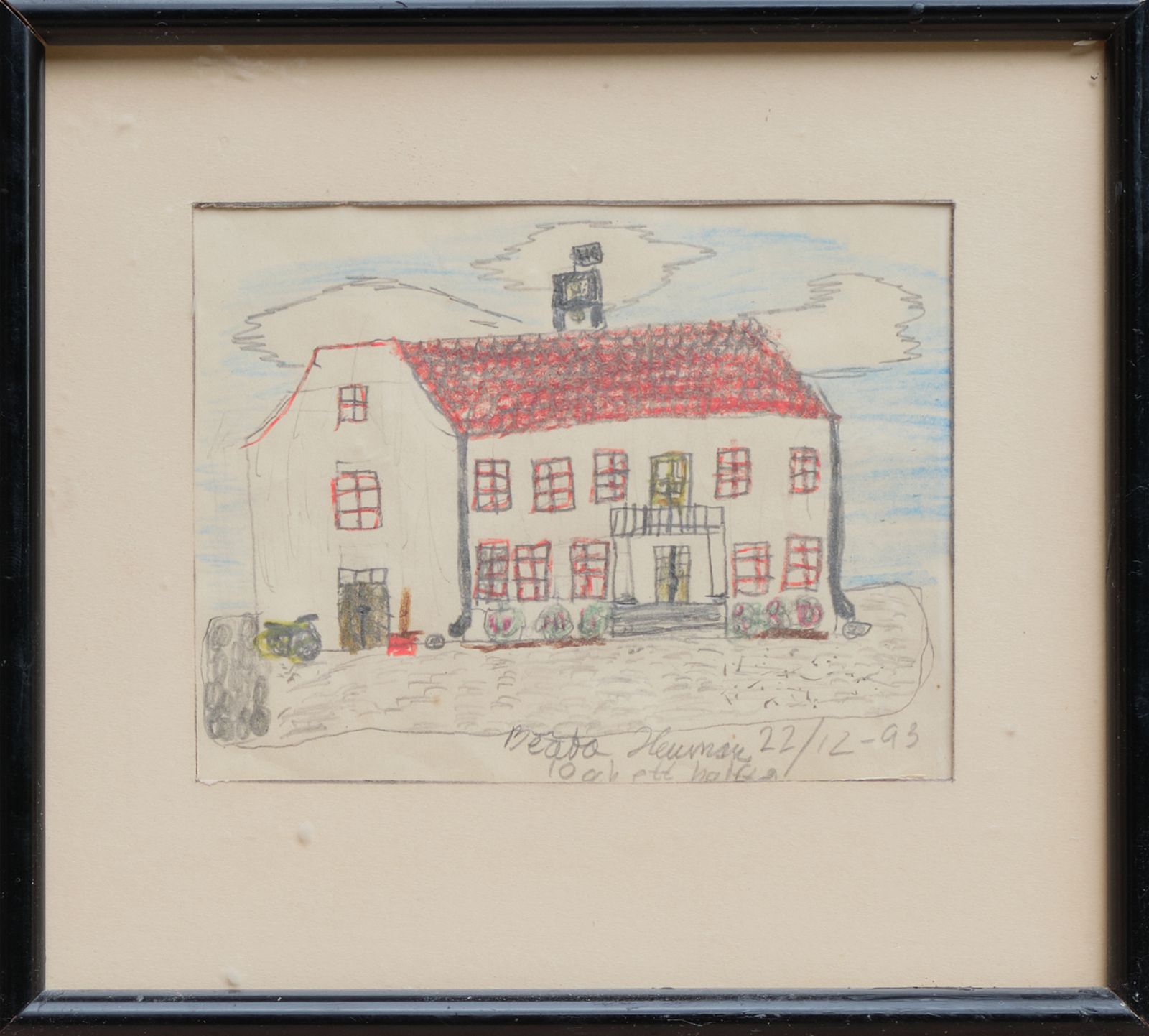 A drawing of the house I grew up in by myself aged ten complete with my brothers moped leaning against the gable.