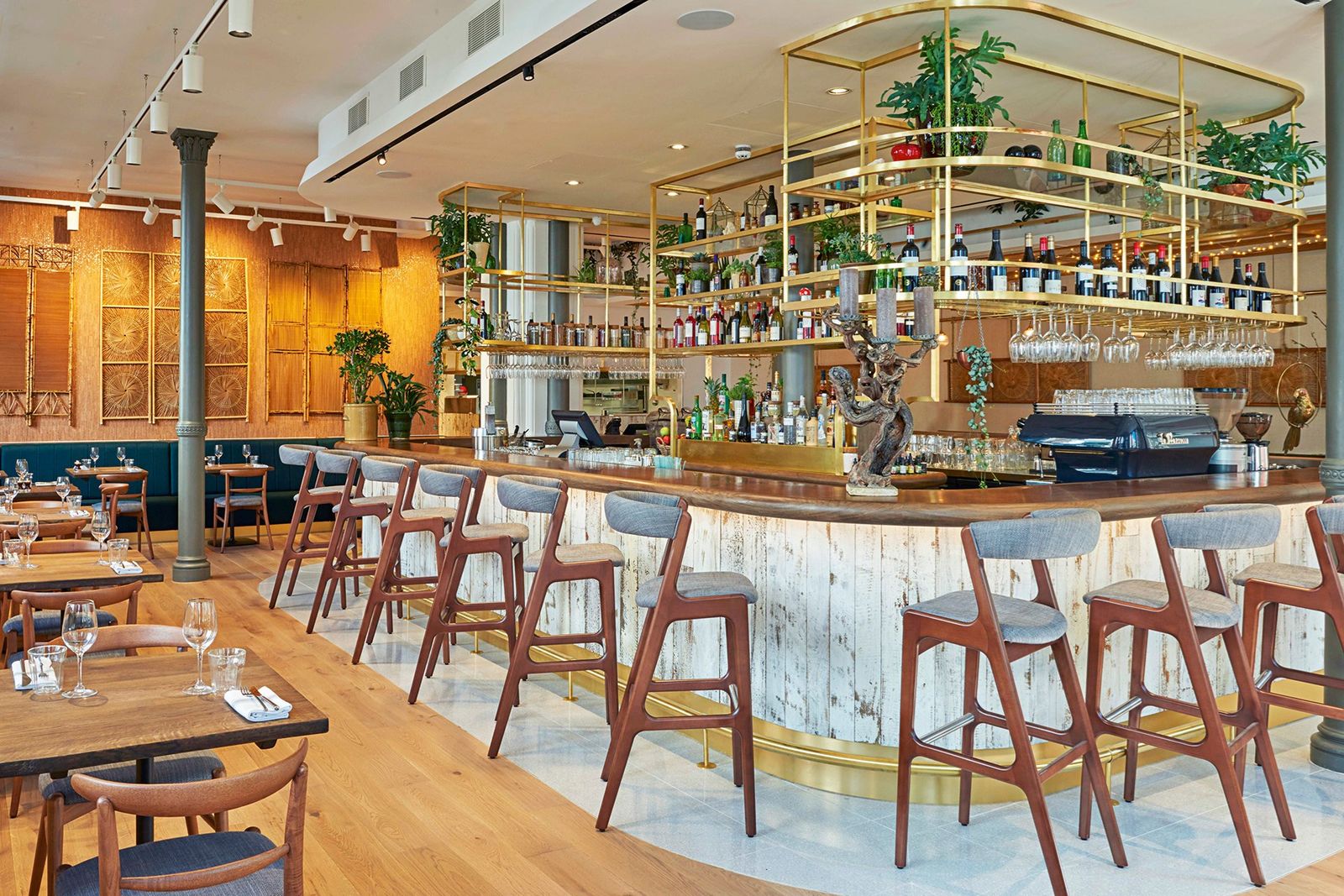 Image may contain Furniture Chair Restaurant Wood Pub Hardwood Cafeteria and Bar Counter