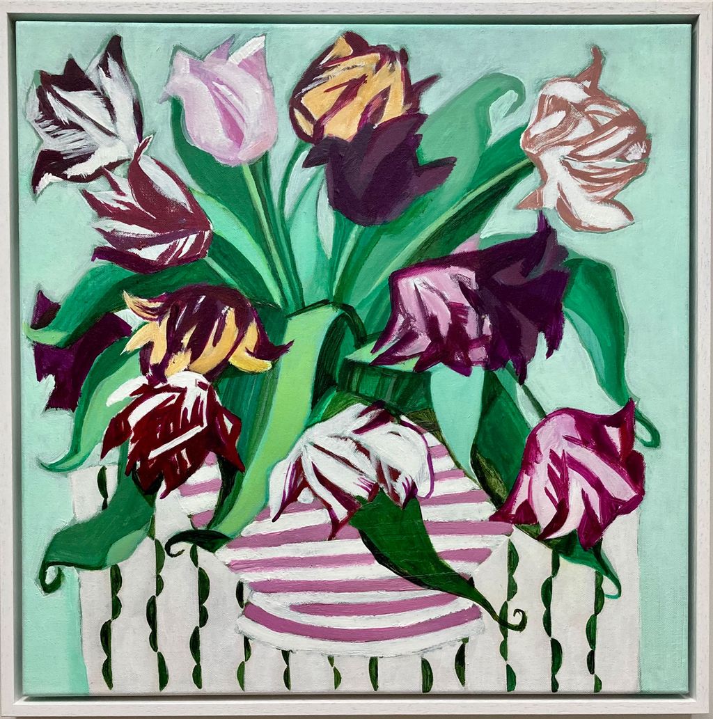 Glorius Tulips acrylic on canvas by Lia and Maria Fletcher 53cm square 455 framed. The Art Buyer