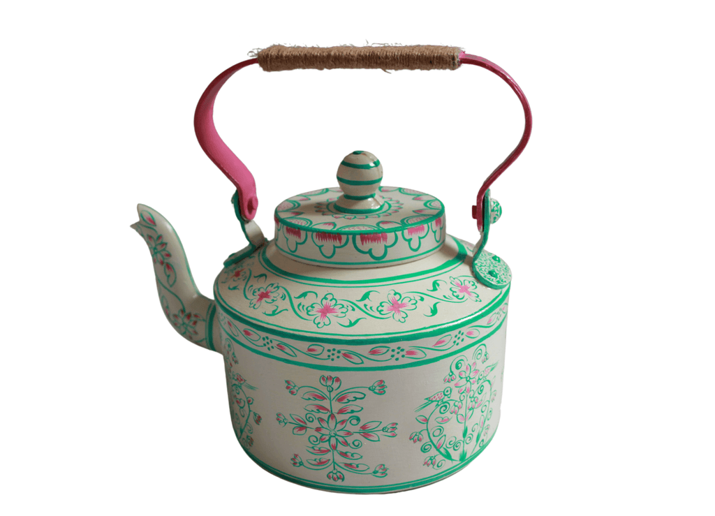 Hand Painted Tea Kettle turquoise and pink 78 from Tooka. buttongroup Shop now