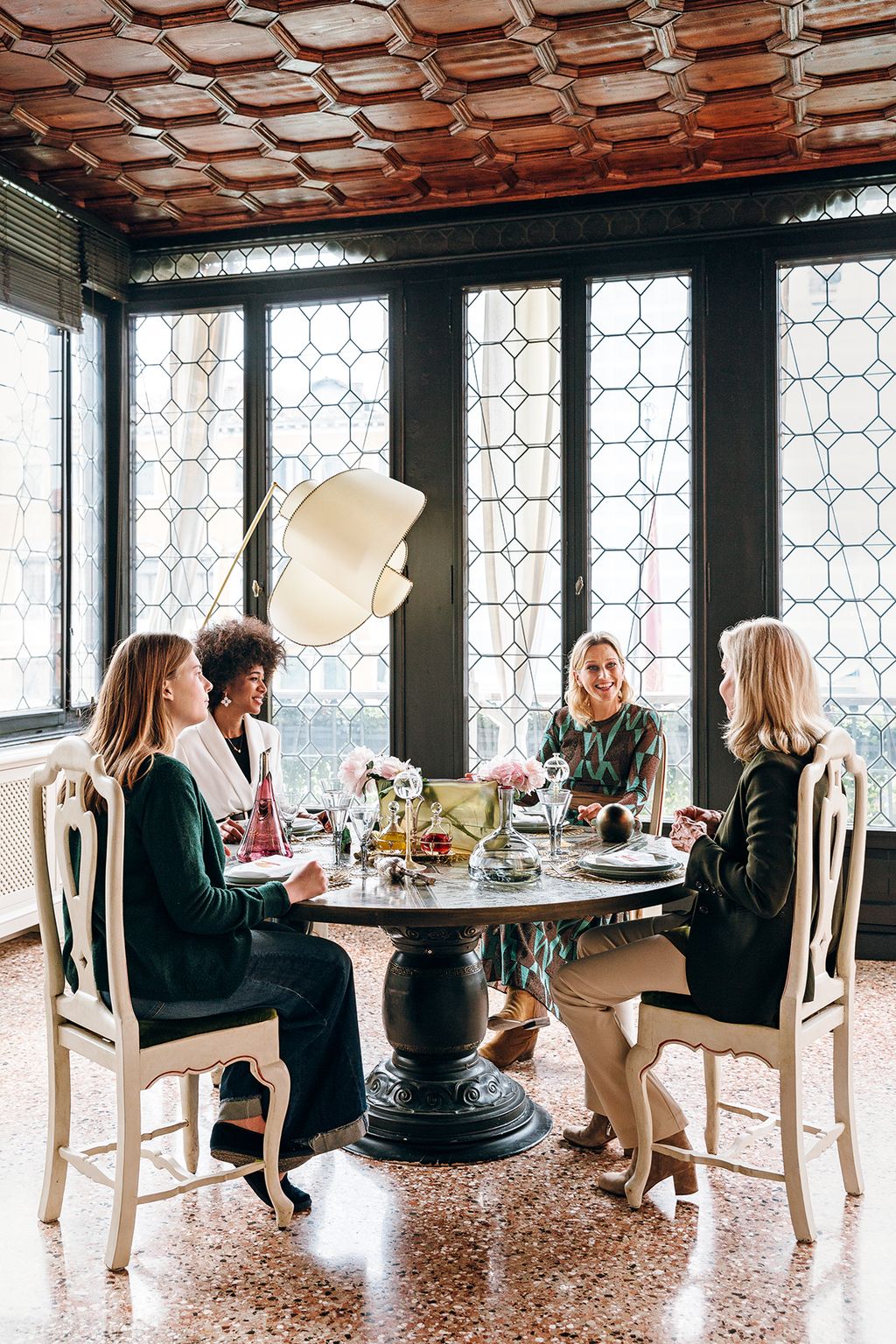 Servane  enjoys lunch with friends  Anna Lombardo of Giberto glassware Astrict Lorenzo from Roberto Coin jewellery and...