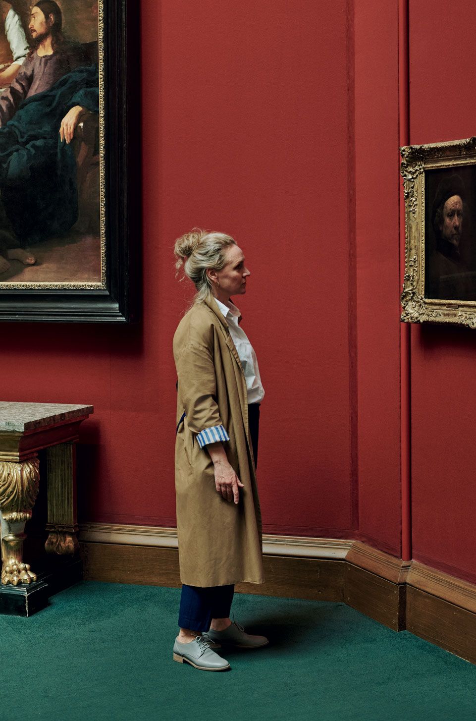 Image may contain Clothing Apparel Art Art Gallery Human Person Shoe Footwear Overcoat and Coat