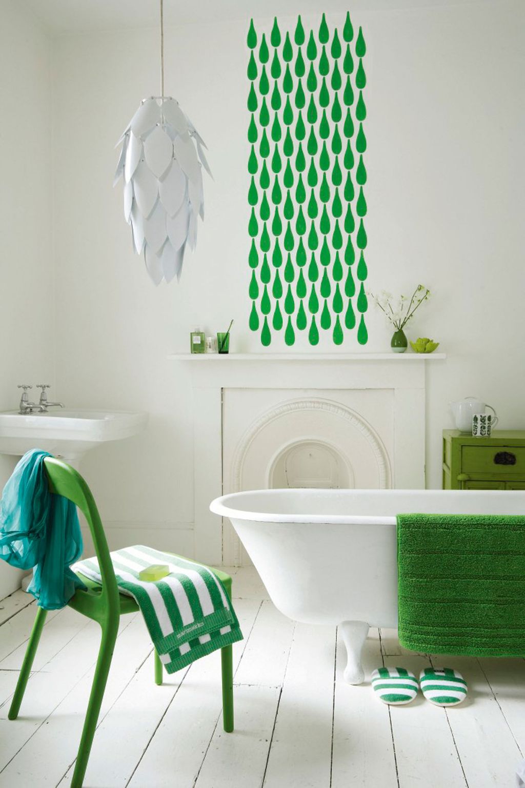 For a fresh and modern look keep everything white and add graphic prints in crunchy apple green. We used a 'Teardrop'...