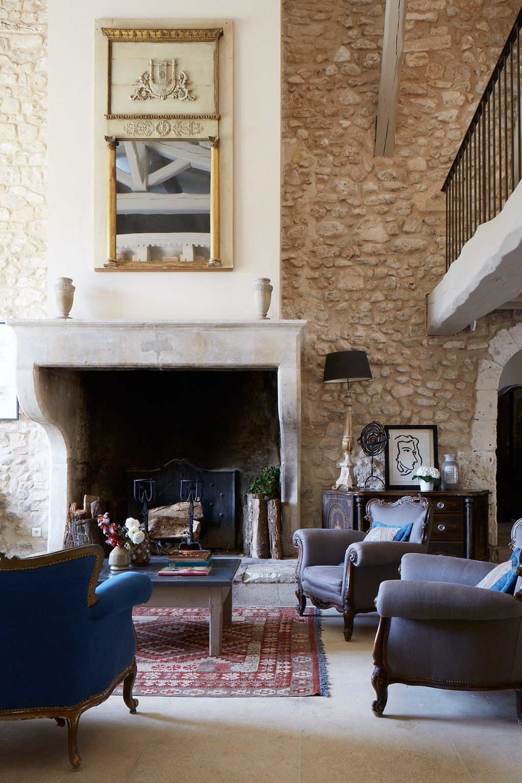 Exposed stone wall | White Country Living Room Ideas