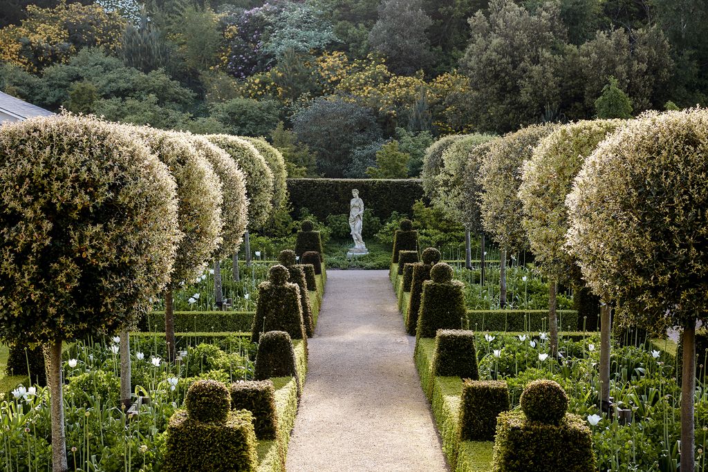 Beds framed by box and yew feature planting that changes with the seasons.
