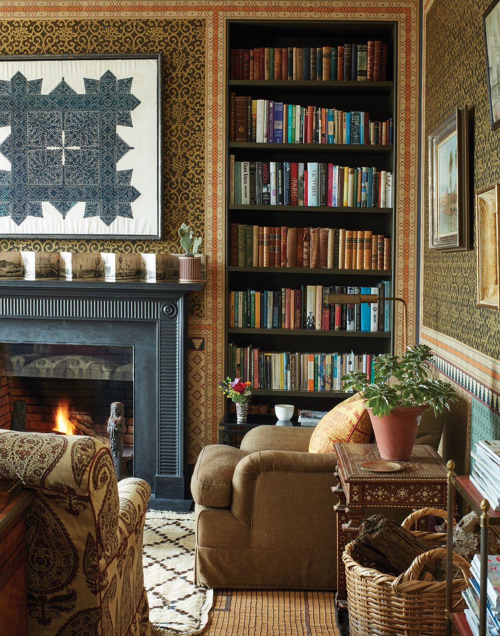 Image may contain Furniture Living Room Indoors Room Couch Bookcase Interior Design Shelf and Hearth