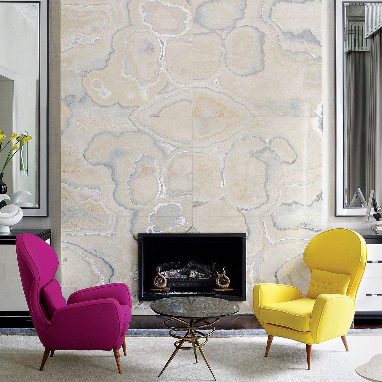 Image may contain Furniture Interior Design Indoors Fireplace Living Room Room Table Home Decor and Hearth