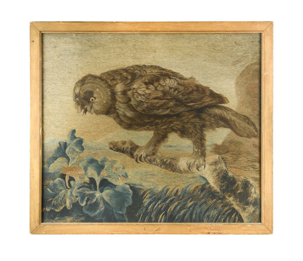 Mary Linwood  a silkwork embroidered picture of an owl worked in coloured threads stitched signature. 71.5 x 81.5cm...