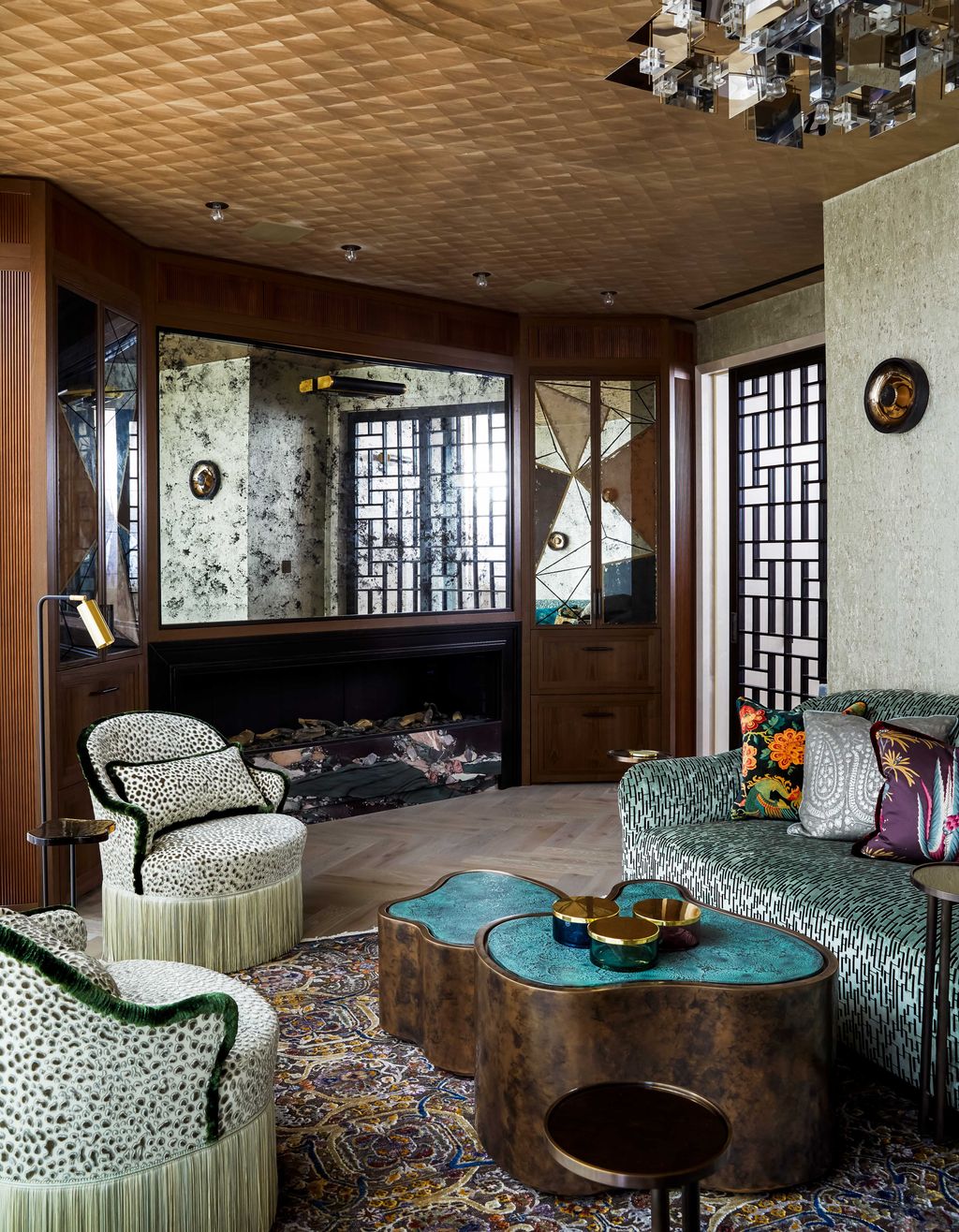 The side chairs are made by Ensemblier London in ‘Velours Fakir by Nobilis with silk fringes by Samuel  Sons.