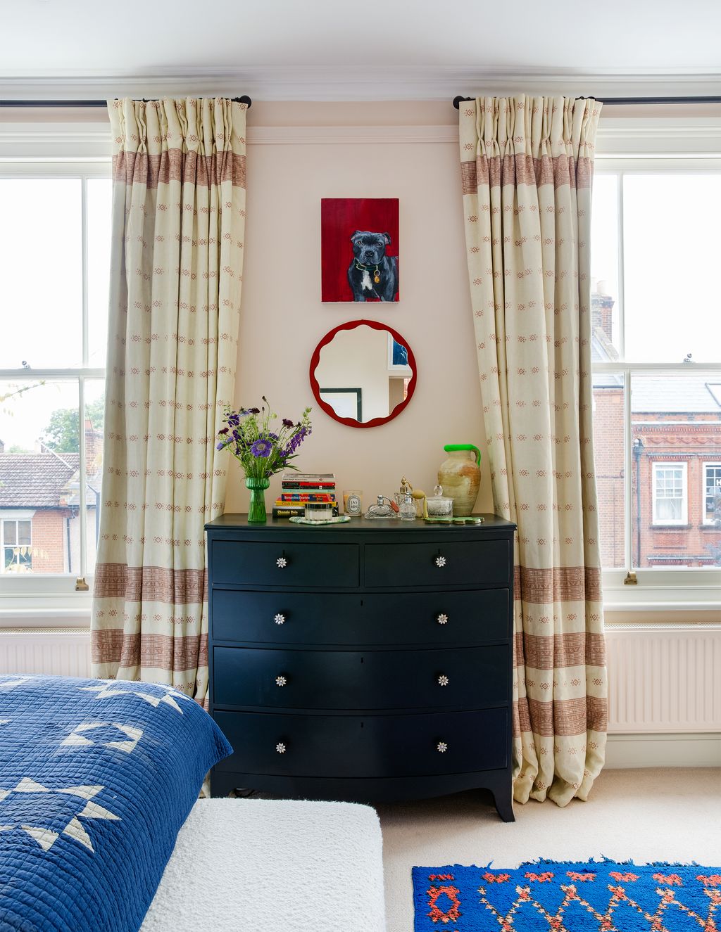 Image may contain Furniture Interior Design Indoors Room Bedroom Cabinet Dresser and Curtain