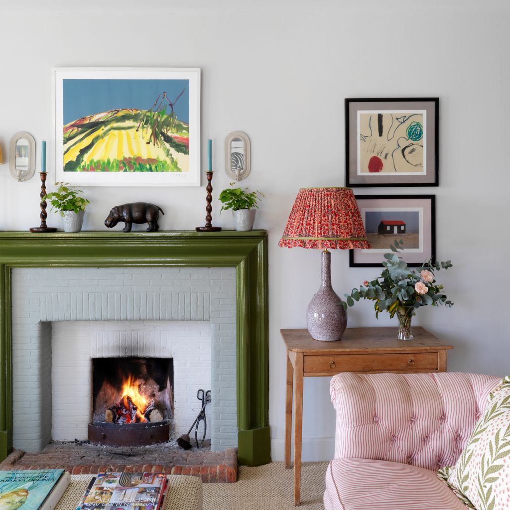 The lamp is from Penny Morrison. Taline repainted the fireplace herself in ‘Bancha by Farrow  Ball. The side table was a...