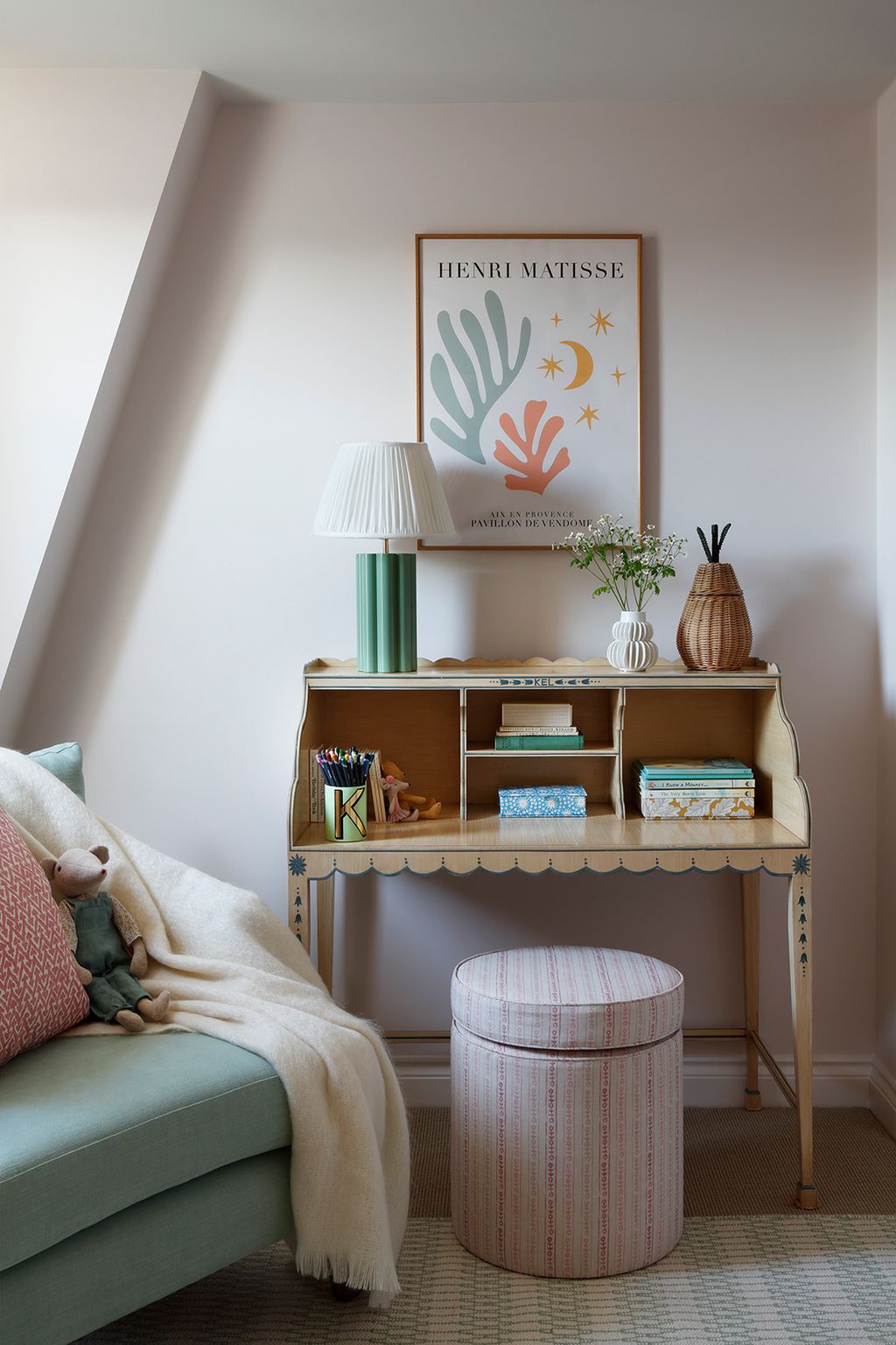 The clients own childhood desk sits proudly in her young daughters bedroom. Studio Peake had a stool made to accompany...