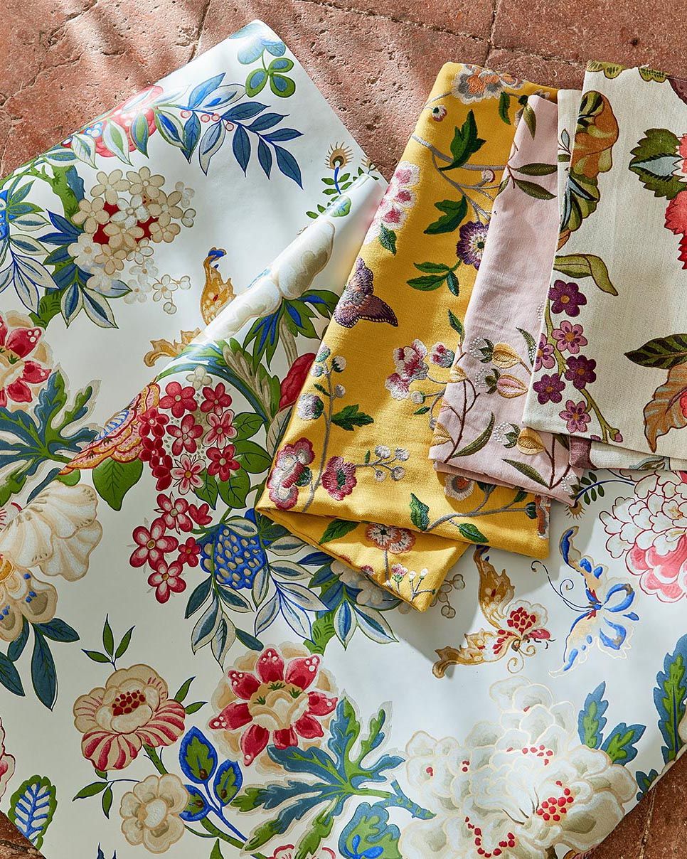 Designs from Sandersons Water Garden collection  ‘Emperor Peony wallpaper in lotus pink ‘Chinoiserie Hall fabric in...