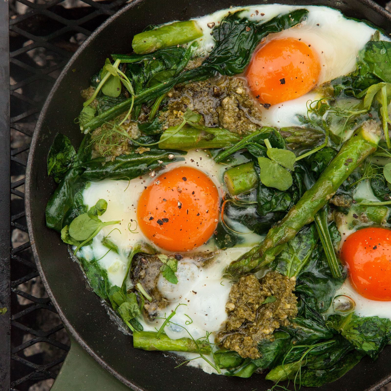Campfire eggs with asparagus and green pesto
