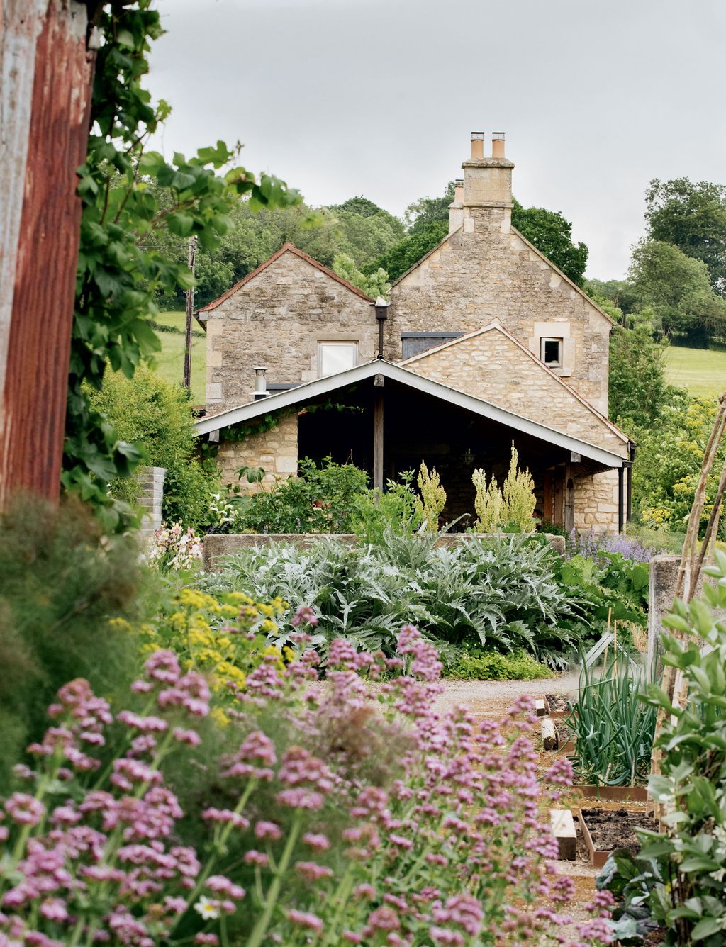 A view looking through dusky pink Centranthus lecoqii across the herb garden to the outdoor kitchen area at the side of...