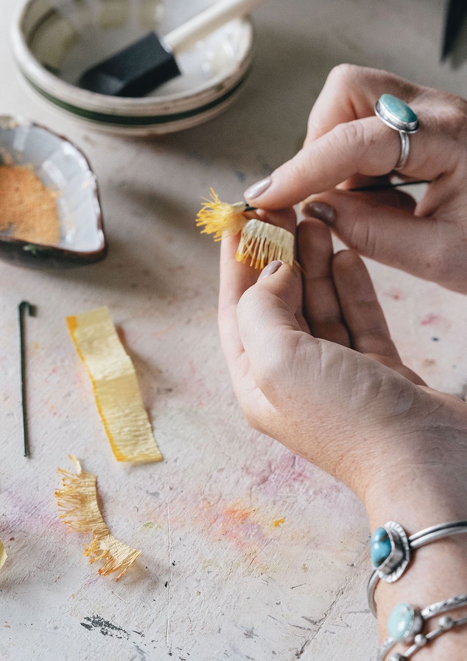 1. Hook a medium thick piece of stub wire.  2. Cut 1cm  ribbons of crepe  pale yellow for older flowers and bright...