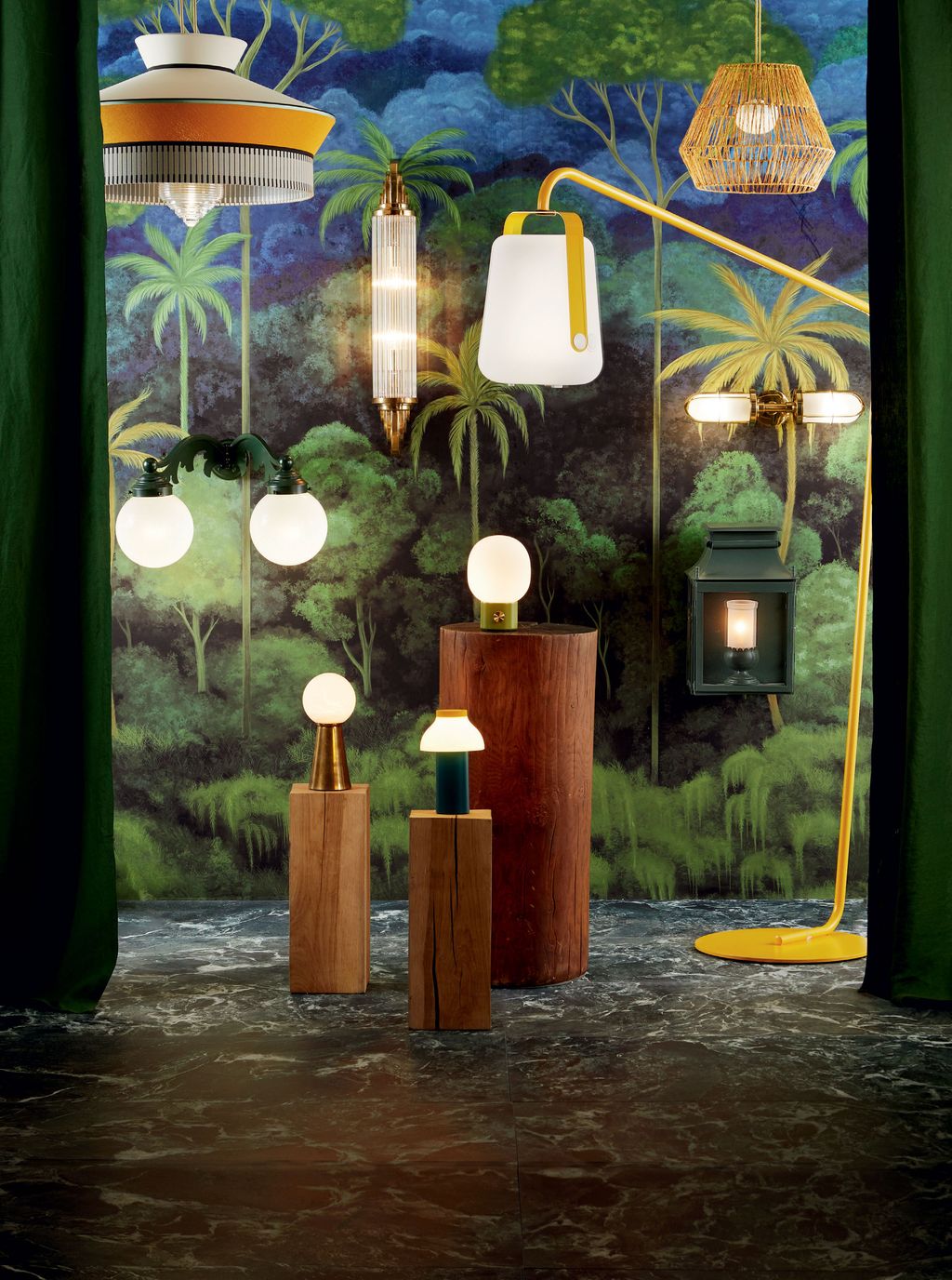 ‘Calypso SO XL outdoor glass and polyester light  by Servomuto 1430 from Contardi.  ‘Nature Collection Sisine wicker...