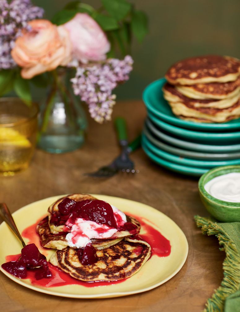 Image may contain Burger Food Bread Pancake Plant and Jam