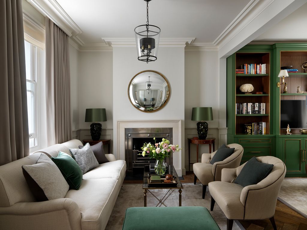 The mirror is the Oculus Convex Mirror from Matthew Cox. The ceiling light is a Zurich Lantern from Vaughan Limited. The...