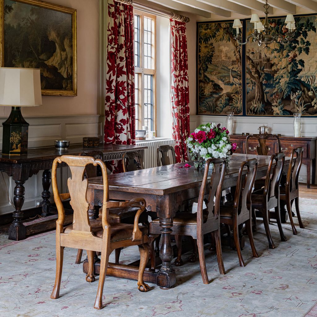The Hall doubles as a dining room for larger parties. The tapestries fitted to the end wall are designed to hide a jib...