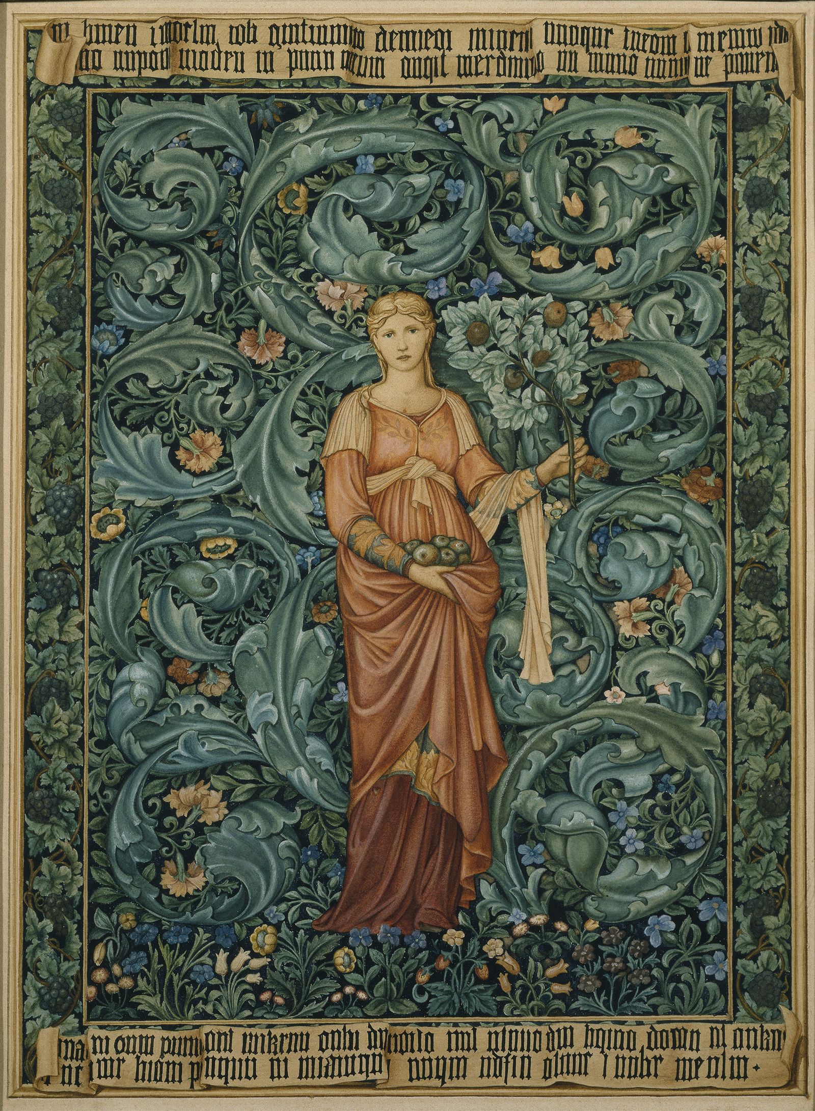POMONA TAPESTRY DESIGN 1884 watercolour and body colour figure by BurneJones  background by William Morris .