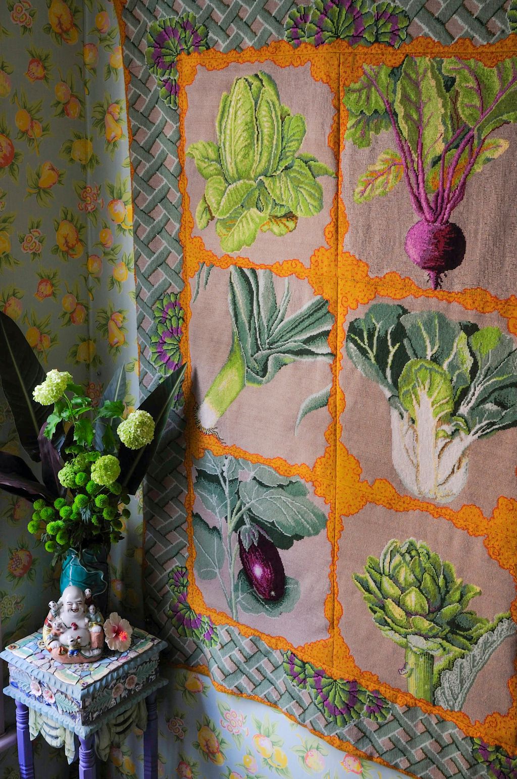 Vegetable carpet or six cushions made for Ehrman Tapestry 1999.