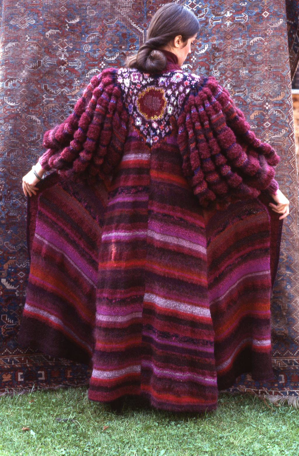 Zoe Hunt modelling the Romeo and Juliet knitted coat 1970s.