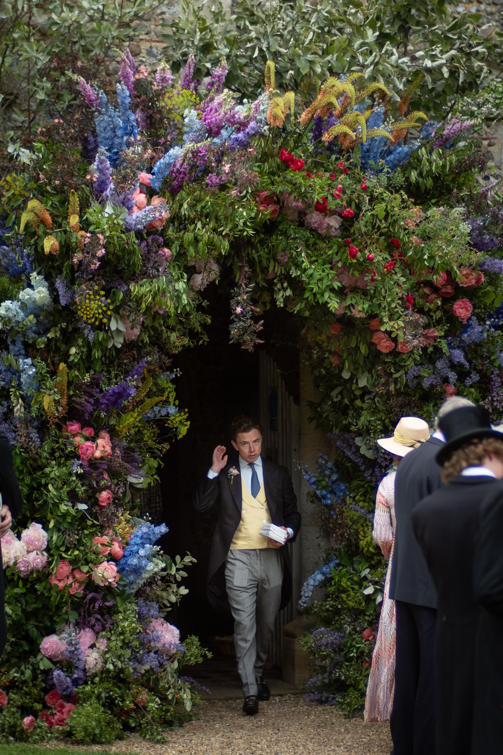 The colourful archway leading into the church on Lucy's wedding day.